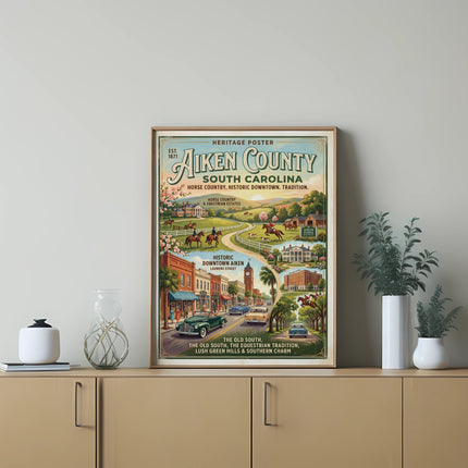 Aiken County, South Carolina heritage poster showing horse country and historic downtown Aiken scenes.