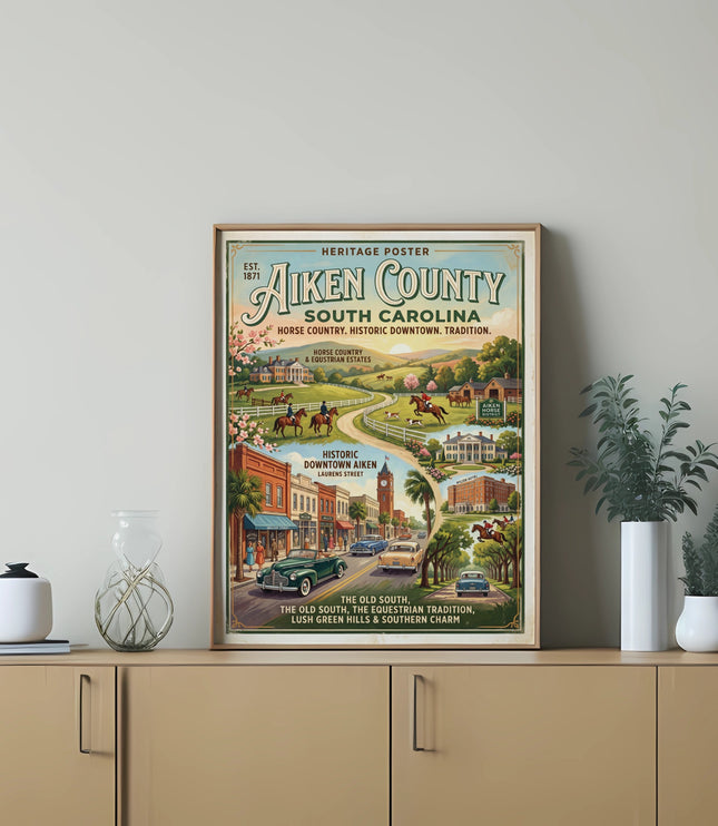 Aiken County, South Carolina heritage poster showing horse country and historic downtown Aiken scenes.