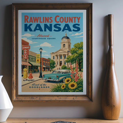 Vintage poster for Rawlins County, Kansas, featuring Atwood courthouse square and storefronts.