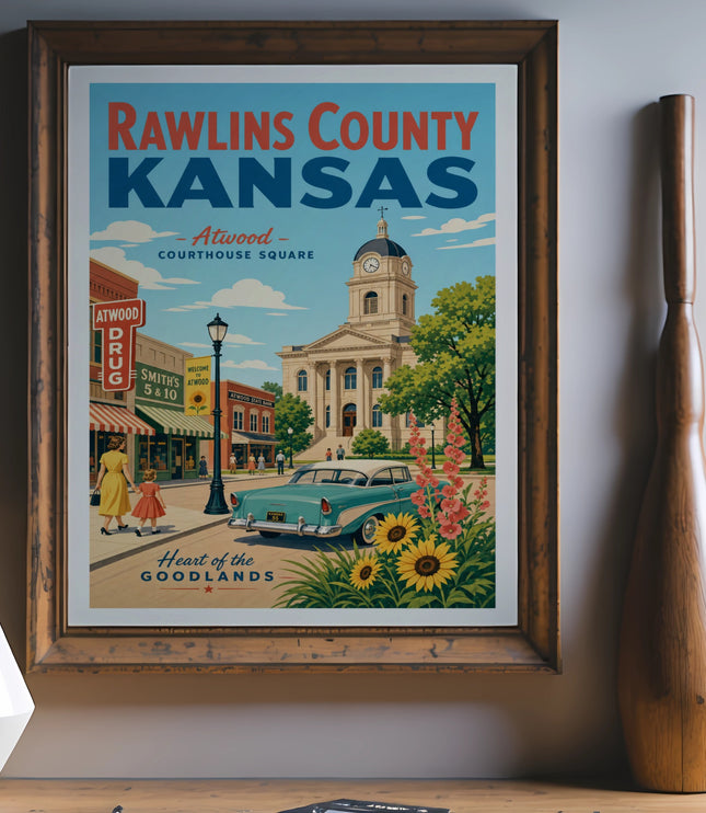 Vintage poster for Rawlins County, Kansas, featuring Atwood courthouse square and storefronts.