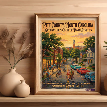 Pitt County North Carolina vintage travel poster featuring Greenville streets, cyclists, and cars.