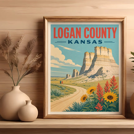 Vintage poster of Monument Rocks, Kansas with text "Logan County Kansas".