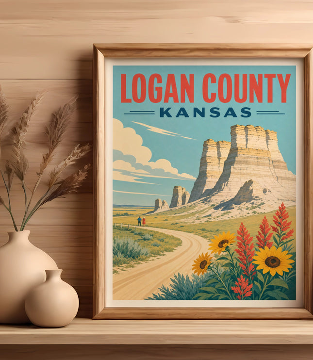 Vintage poster of Monument Rocks, Kansas with text "Logan County Kansas".