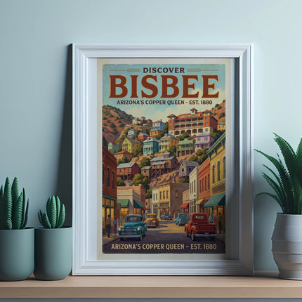 Vintage poster of Bisbee, Arizona, with colorful buildings on a hillside and cars.