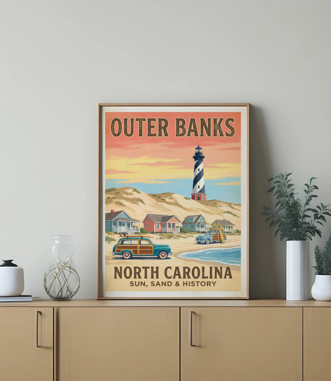 Outer Banks North Carolina vintage travel poster with lighthouse and beach cottages.