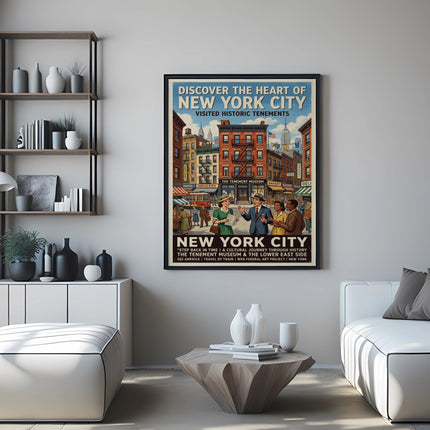 Poster for New York City's Tenement Museum with historic street scene.