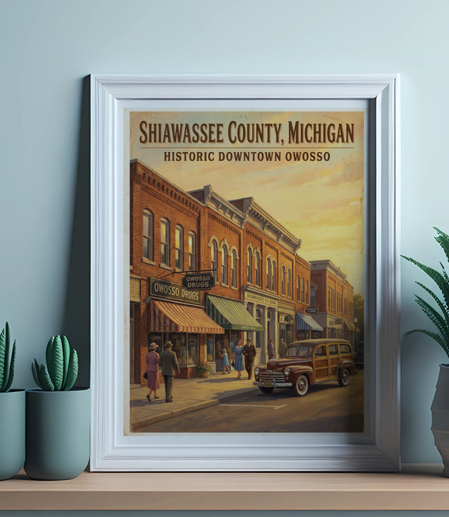 Shiawassee County, Michigan Historic Downtown Owosso painting with vintage car.
