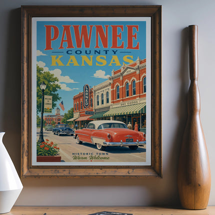 Pawnee County, Kansas historic town poster with vintage car and text.