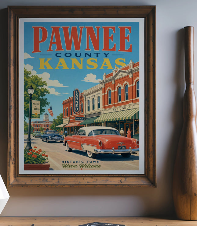 Pawnee County, Kansas historic town poster with vintage car and text.