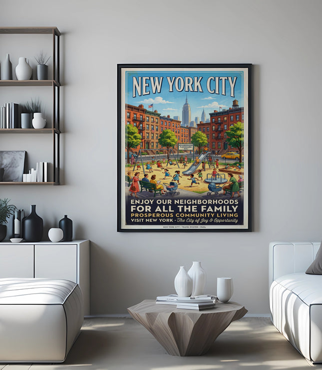 New York City travel poster depicting a park scene with families and buildings.