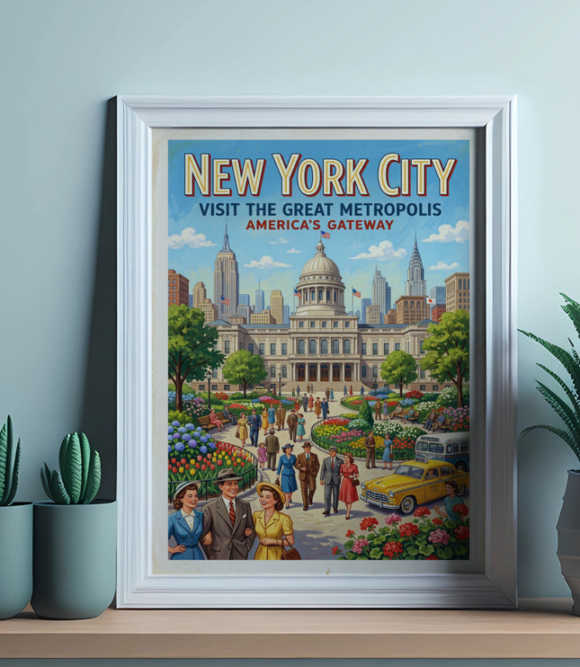 New York City travel poster with skyline, people, and yellow taxi.
