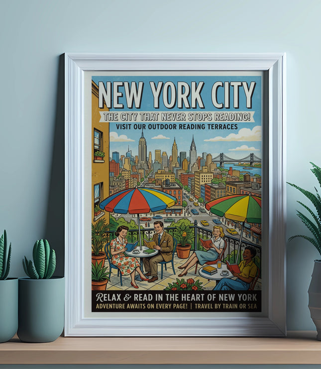 New York City poster with text, illustration of city skyline and people reading.