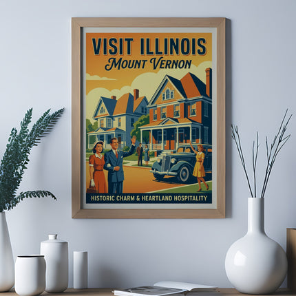 Vintage Mount Vernon Illinois travel poster with historic charm and heartland hospitality.