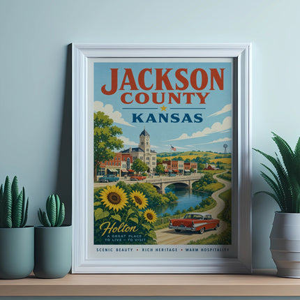 Jackson County, Kansas vintage travel poster with sunflowers and a car.