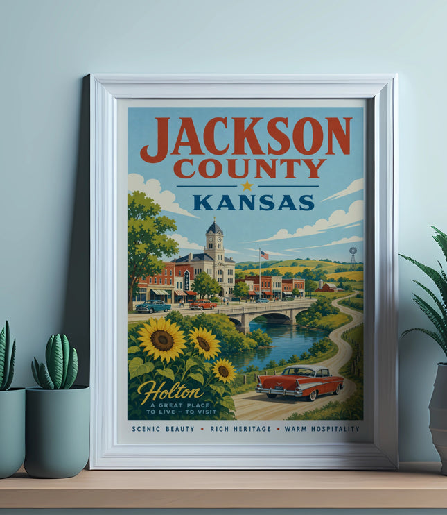 Jackson County, Kansas vintage travel poster with sunflowers and a car.