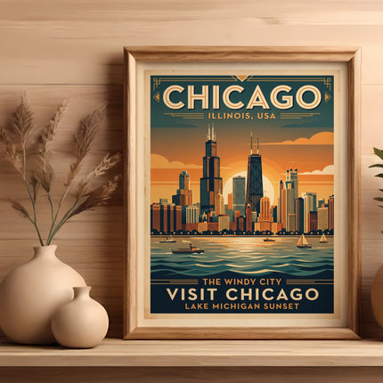 Vintage Chicago skyline poster with "The Windy City" and "Visit Chicago" text.