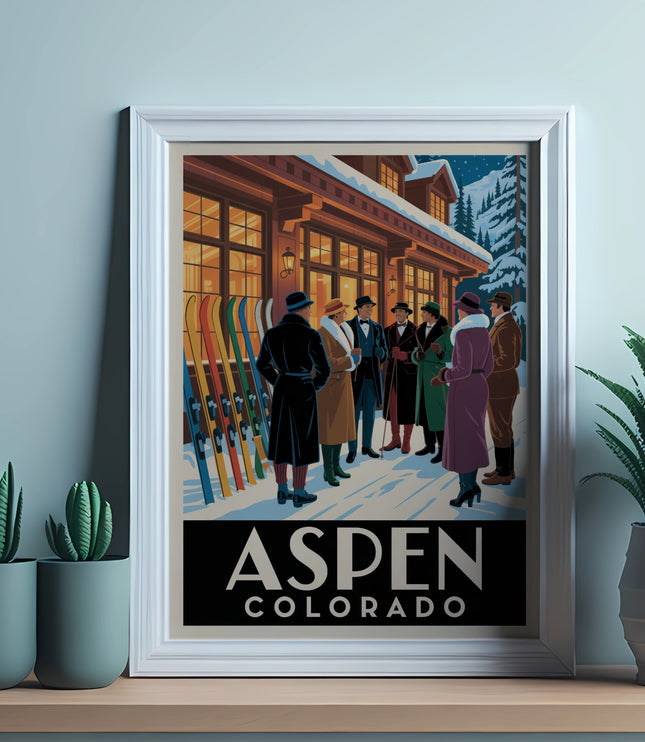 Vintage ski poster with "Aspen Colorado" text and people in ski attire.