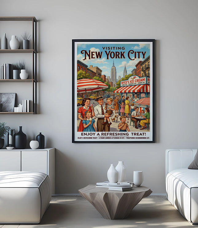 Vintage "Visiting New York City" poster depicting families at an ice cream stand.