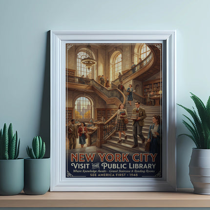 New York City Public Library vintage travel poster with grand staircase.