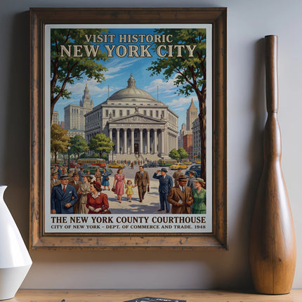 Vintage travel poster for New York City, highlighting the New York County Courthouse.