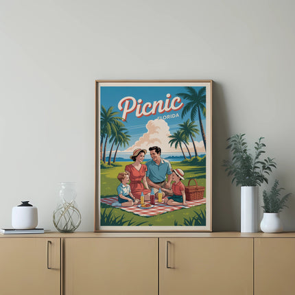 Family enjoying a picnic with "Picnic Florida" text and palm trees.