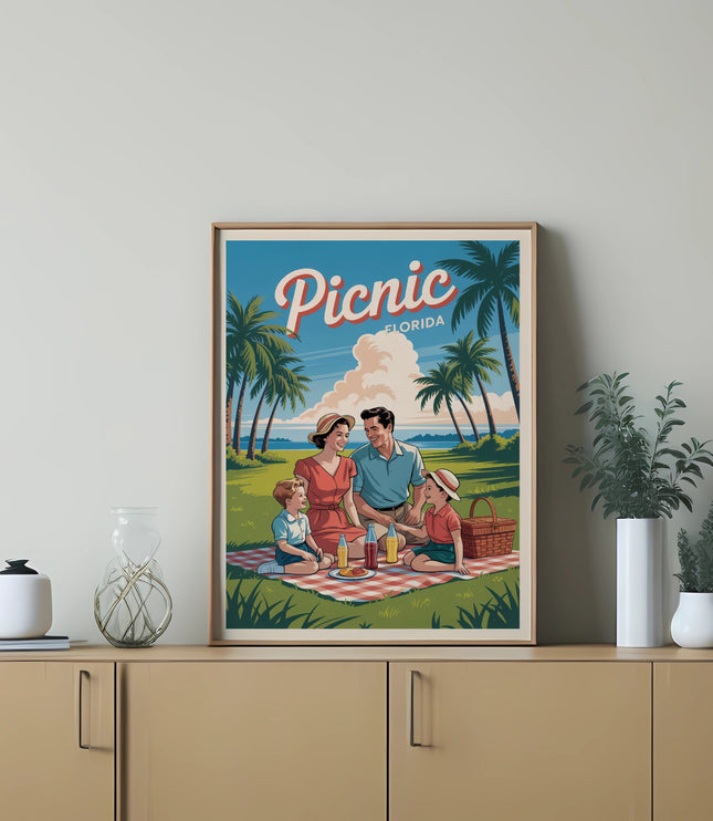 Family enjoying a picnic with "Picnic Florida" text and palm trees.
