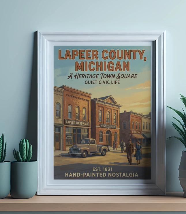 Lapeer County, Michigan heritage town square vintage illustration with text.