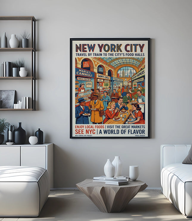 New York City travel poster showing food market scene and text.