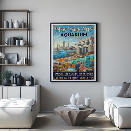 New York City Aquarium poster with text about Brighton Beach, summer 1947.