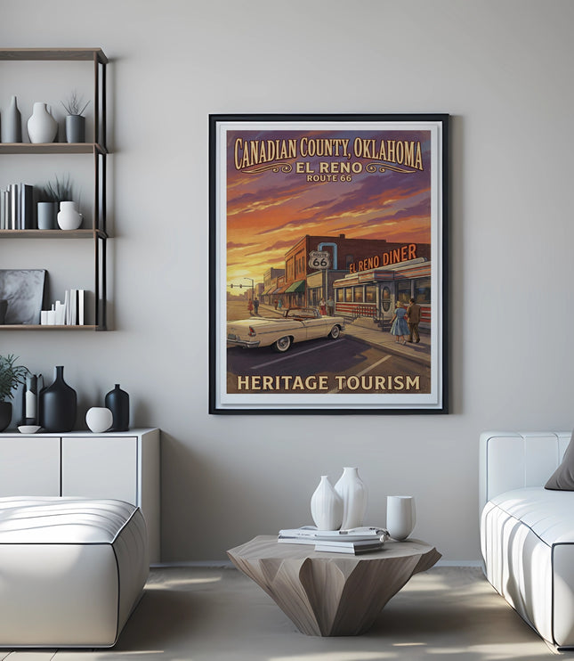 Poster advertising Canadian County, Oklahoma, featuring El Reno Diner and Route 66.