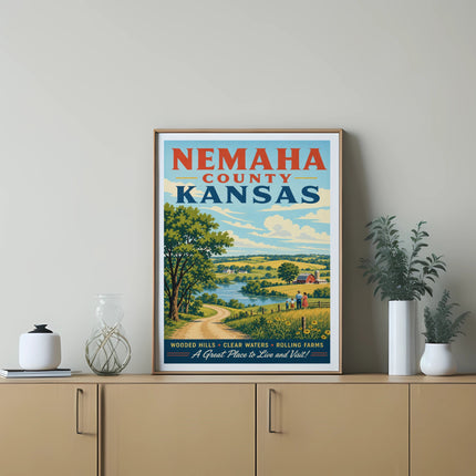 Nemaha County, Kansas vintage travel poster with rural landscape and text.