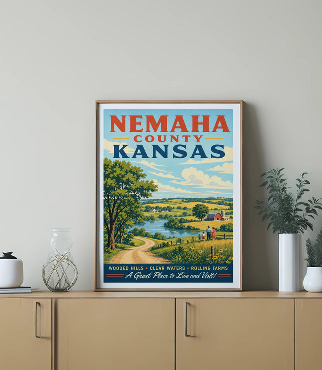 Nemaha County, Kansas vintage travel poster with rural landscape and text.