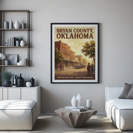 Poster of Bryan County, Oklahoma historic town square with truck.