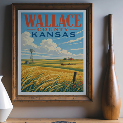 Vintage travel poster for Wallace County, Kansas, featuring a field and windmill.