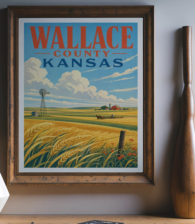 Vintage travel poster for Wallace County, Kansas, featuring a field and windmill.