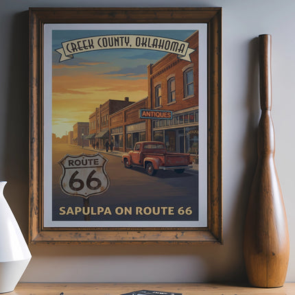 Poster of Sapulpa on Route 66 with vintage truck and antiques signs.