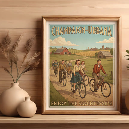Vintage poster of people cycling through a rural landscape.