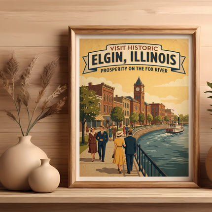 Vintage poster of Elgin, Illinois, with a river and buildings.