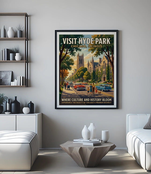 Vintage travel poster for Hyde Park, Chicago, depicting buildings and people.