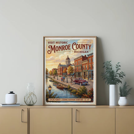 Vintage art print of Monroe County, Michigan, showing a riverfront downtown with buildings and people.