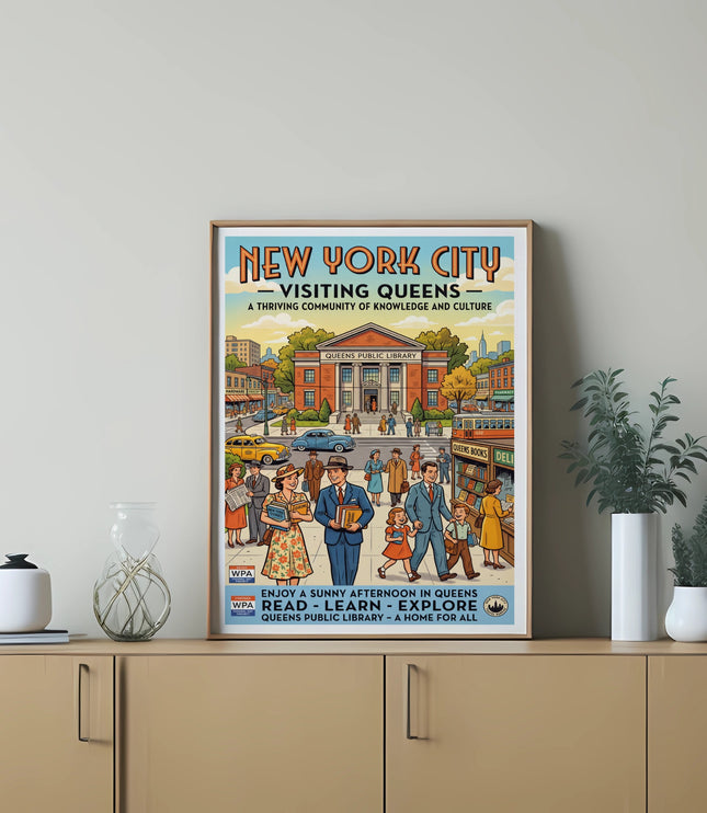 New York City Visiting Queens vintage poster featuring Queens Public Library and people.