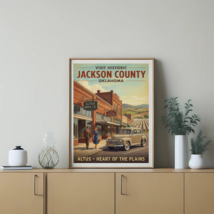 Retro poster for Jackson County, Oklahoma, featuring a vintage street scene and car.