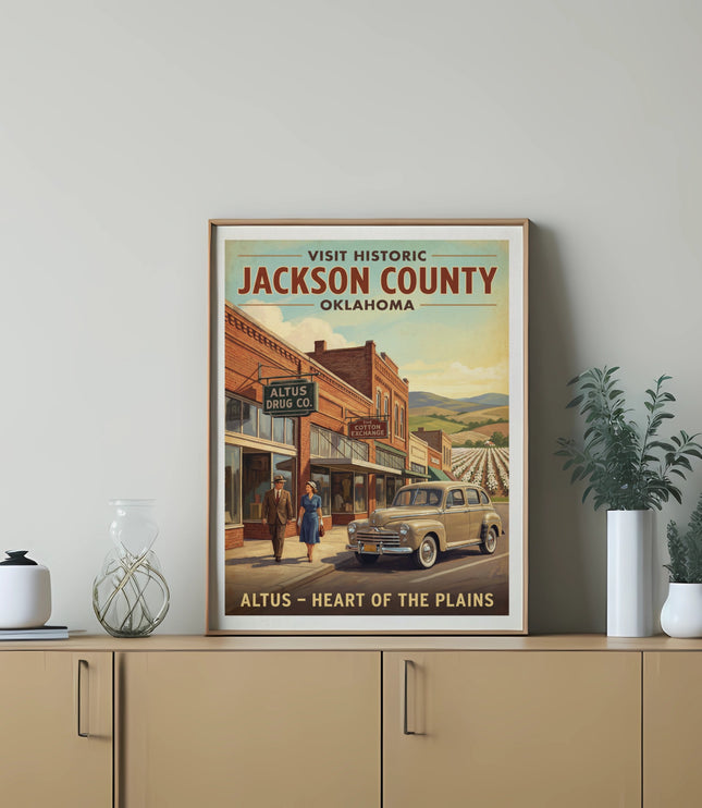 Retro poster for Jackson County, Oklahoma, featuring a vintage street scene and car.