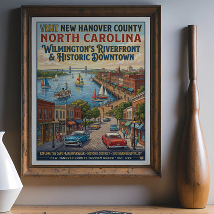 Vintage travel poster of Wilmington, NC riverfront with boats, historic buildings, and cars.