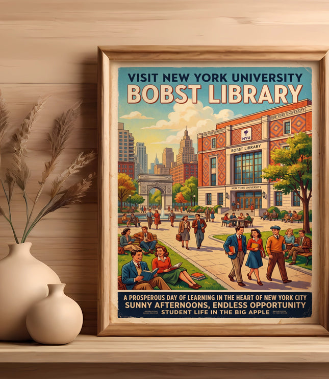 Vintage-style poster with Bobst Library at New York University and text.