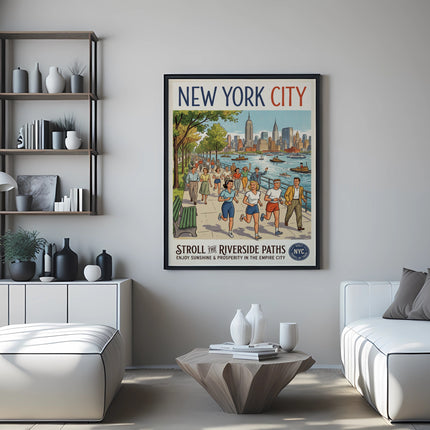 New York City poster depicting people strolling riverside paths with skyline.
