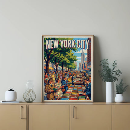 New York City street scene with people and books, framed artwork.
