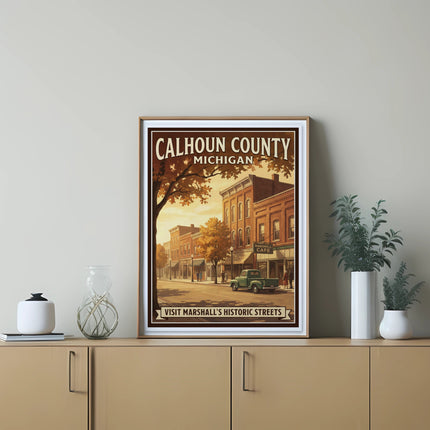 Poster of Calhoun County, Michigan, featuring Marshall's historic streets and a Marshall Cafe.