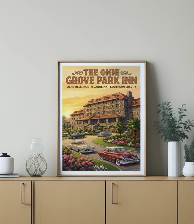 Vintage art print of The Omni Grove Park Inn, Asheville, North Carolina, with classic cars.