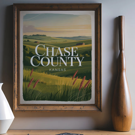 Chase County Kansas landscape poster with rolling hills and text.